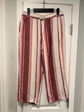 Jenna Rose Size L Pink Strip Linen Blend Wide Leg Crop Pull On Boho Resort Pants
